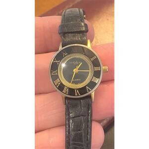 Women's LA Express Watch, Gold Tone with Black Bezel, Black Leather Band